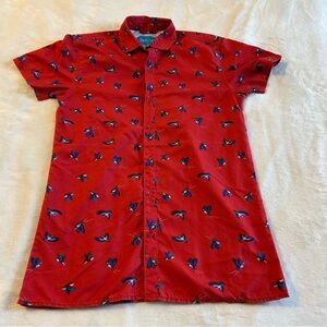 Tenth + Ocean red with blue birds short sleeve button down shirt size S summer